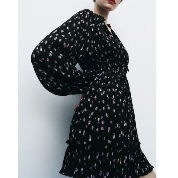 ZARA NEW WOMAN PRINTED SHORT DRESS FLORAL Long Sleeves BLACK LILAC 8351/242 S - Picture 1 of 13